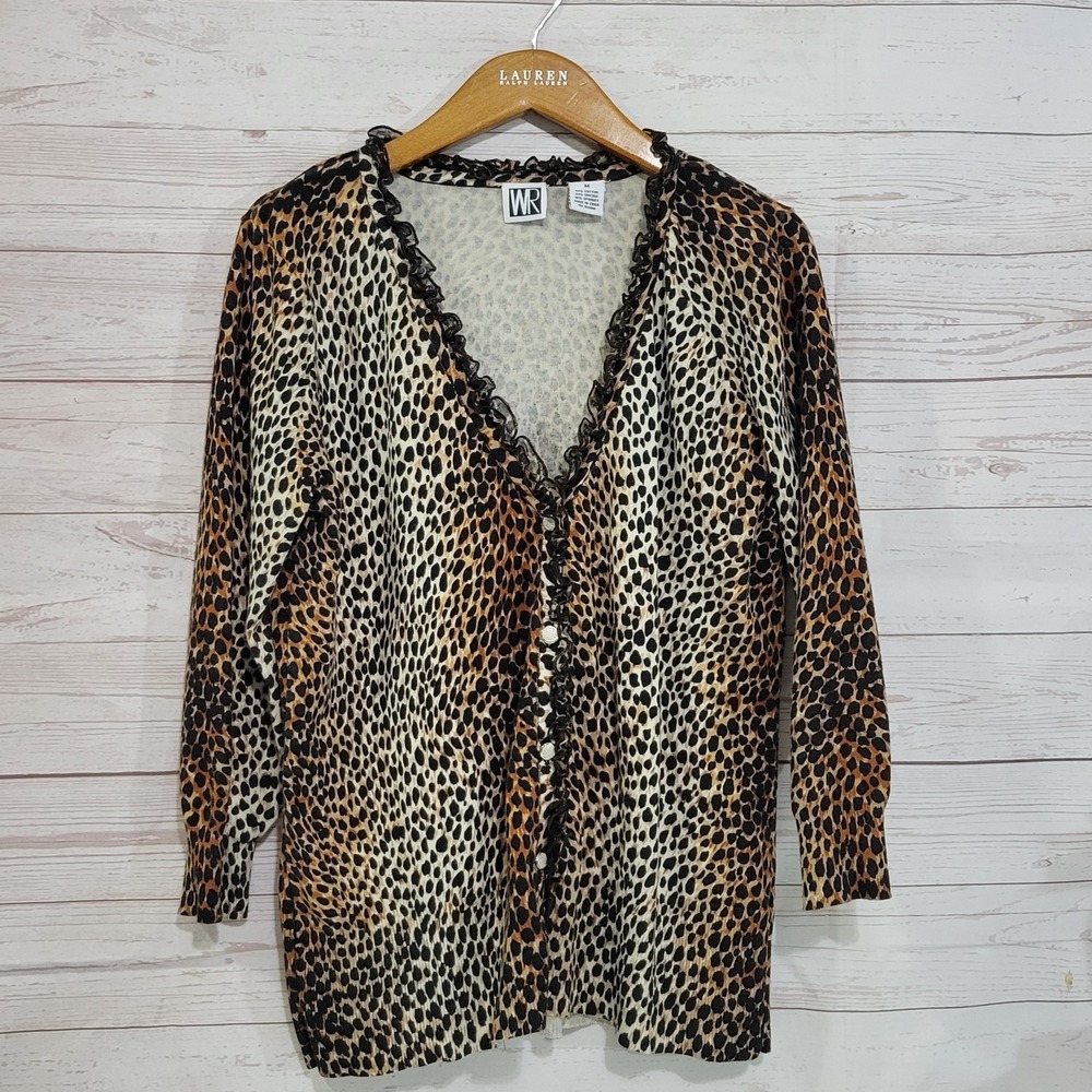 WR Button Up Cardigan Womens Medium Animal Print Brown Black Ruffles V-neck Mob